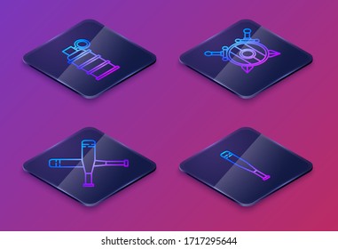 Fijación de la línea Isometric, bate de béisbol cruzado, escudo de madera con espadas cruzadas y bate de béisbol. Botón cuadrado azul. Vector