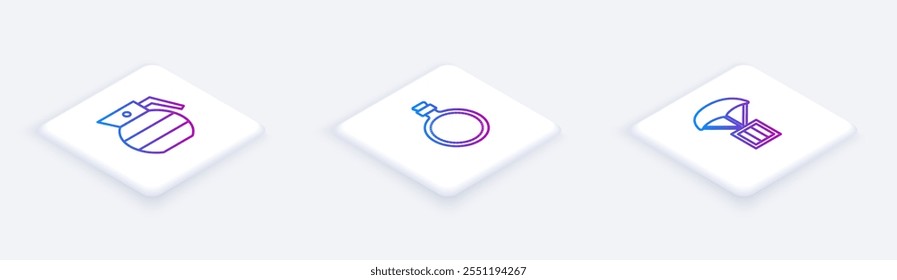 Conjunto de línea isométrica granada de mano, botella de agua de la cantina y caja de Airdrop. Botón cuadrado blanco. Vector