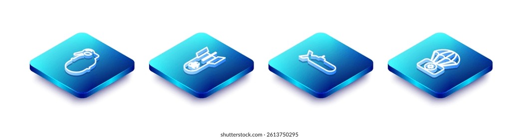 Set Isometric line Hand grenade, Biohazard bomb, Submarine and Parachute with first aid kit icon. Vector