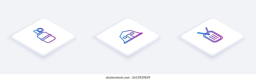 Set Isometric line Hand grenade, Military barracks and dog tag. White square button. Vector