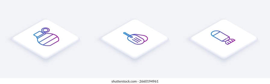 Set Isometric line Hand grenade, Military dog tag and Aviation bomb. White square button. Vector