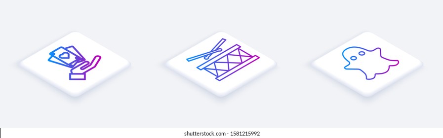 Set Isometric line Hand holding playing cards, Drum with drum sticks and Ghost. White square button. Vector
