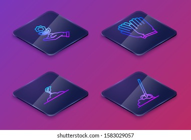 Set Isometric line Hand holding flower, Sprout, Garden gloves and Shovel in the ground. Blue square button. Vector
