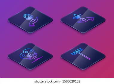 Set Isometric line Hand holding flower, Tree with apple, Plant in hand of environmental protection and Garden rake. Blue square button. Vector