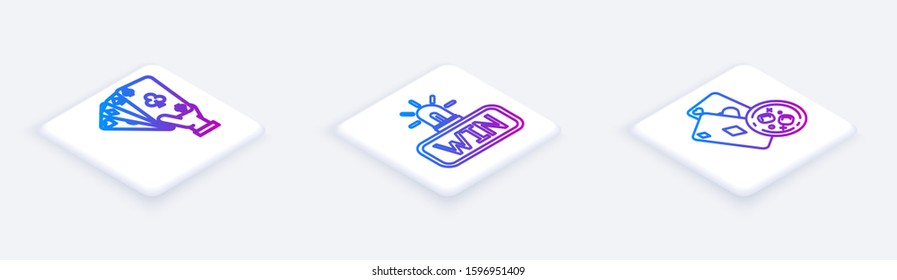 Set Isometric line Hand holding playing cards, Casino win and Playing cards and glass of whiskey with ice cubes. White square button. Vector