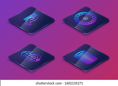 Set Isometric line Hand holding deck of playing cards, Dollar symbol, Casino roulette wheel and Casino chips. Blue square button. Vector