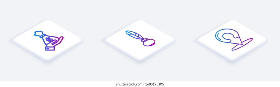 Set Isometric line Hand holding money bag, Feather and inkwell and Map marker with a silhouette of a person. White square button. Vector