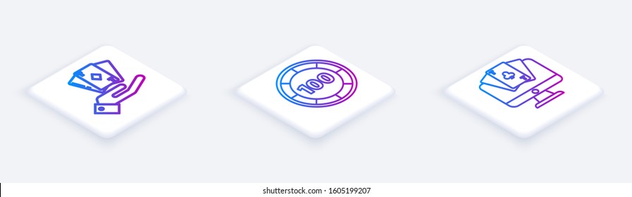 Set Isometric line Hand holding deck of playing cards, Casino chips and Online poker table game. White square button. Vector