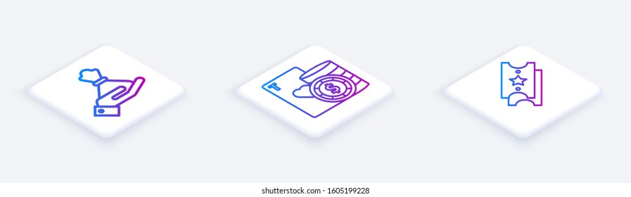 Set Isometric line Hand holding money bag, Casino chip and playing cards and Lottery ticket. White square button. Vector