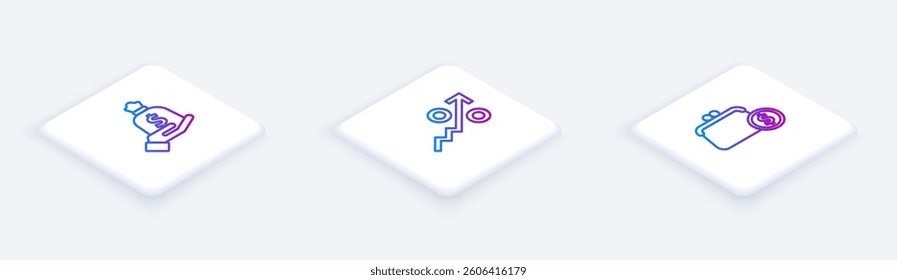 Set Isometric line Hand holding money bag, Percent up arrow and Wallet with coins. White square button. Vector