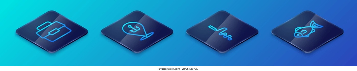 Set Isometric line Hand ice drill, Case or box for fishing, Fish and Fishing hook icon. Vector