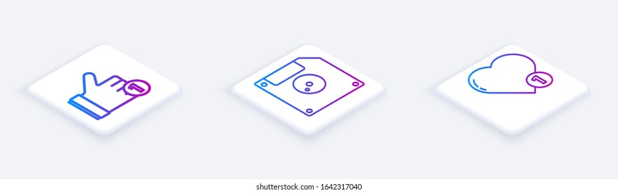 Set Isometric line Hand like, Floppy disk for computer data storage and Like and heart. White square button. Vector