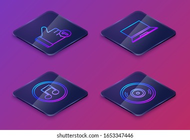 Set Isometric line Hand like, Music note, tone, Laptop and Vinyl disk. Blue square button. Vector