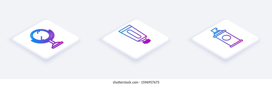 Set Isometric line Hand mirror, Cream or lotion cosmetic tube and Shaving gel foam. White square button. Vector