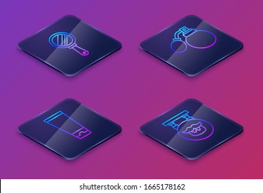 Set Isometric line Hand mirror, Cream or lotion cosmetic tube, Aftershave bottle with atomizer and Barbershop. Blue square button. Vector
