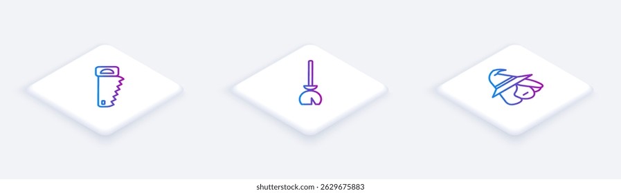 Set Isometric line Hand saw, Witches broom and . White square button. Vector