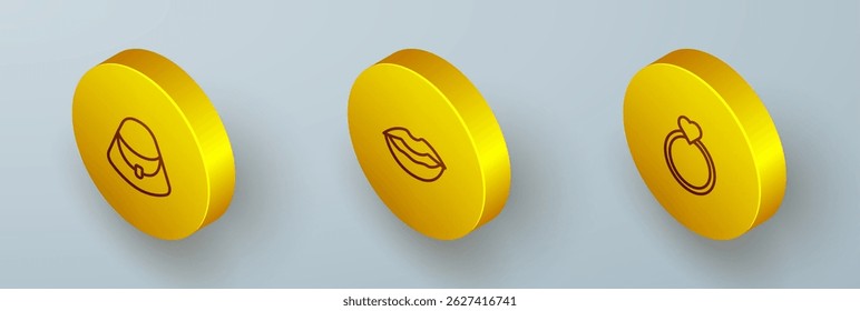 Set Isometric line Handbag, Smiling lips and Diamond engagement ring icon. Vector