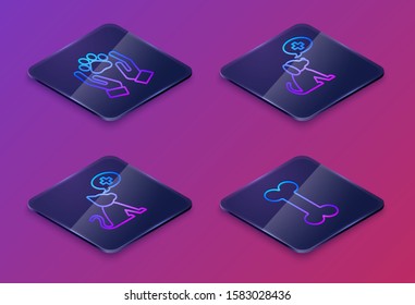 Set Isometric line Hands with animals footprint, Veterinary clinic symbol, Veterinary clinic symbol and Dog bone. Blue square button. Vector
