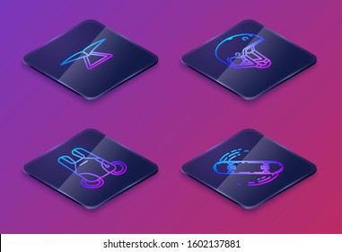 Set Isometric line Hang glider, Parachute, Helmet and Skateboard trick. Blue square button. Vector