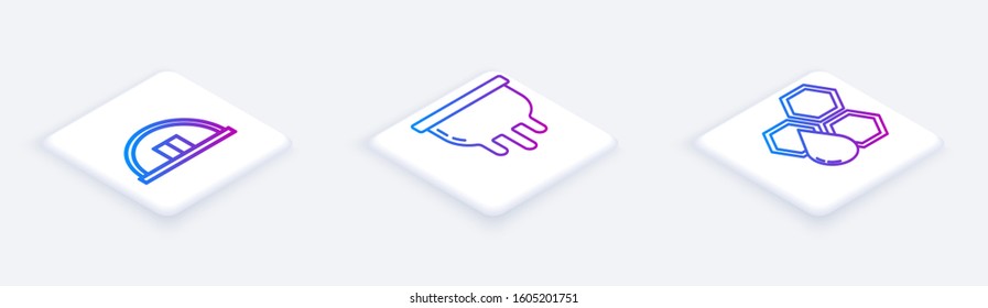 Set Isometric line Hangar, Udder and Honeycomb. White square button. Vector