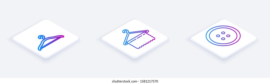 Set Isometric line Hanger wardrobe, Hanger wardrobe and Sewing button for clothes. White square button. Vector