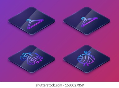 Set Isometric line Hanger wardrobe, Electric iron, Hanger wardrobe and Yarn ball with knitting needles. Blue square button. Vector