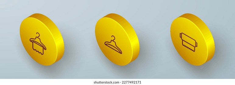 Ajuste el armario de la colgadora de línea isométrica y el icono de rollo de tela textil. Vector