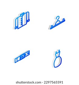 Set Isometric line Hanger wardrobe, T-shirt, Leather belt and Woman dress icon. Vector