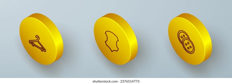 Set Isometric line Hanger wardrobe, Leather and Sewing button for clothes icon. Vector