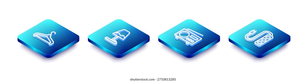 Conjunto de línea isométrica colgador de armario, lámpara de mesa, radio e icono de extensión eléctrica. Vector
