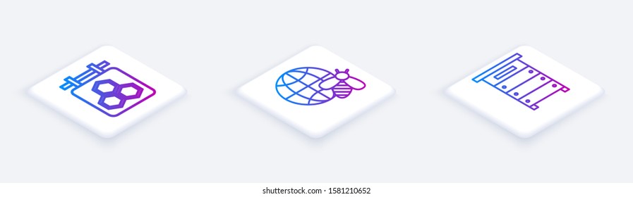 Set Isometric line Hanging sign with honeycomb, Honeycomb map of the world and bee and Hive for bees. White square button. Vector