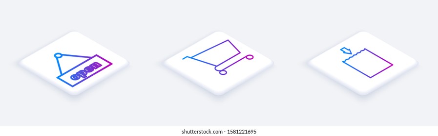 Set Isometric line Hanging sign with text Open door, Shopping cart and Paper shopping bag. White square button. Vector