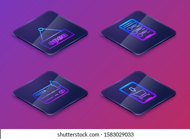Set Isometric line Hanging sign with text Open door, Credit card, Online shopping on mobile phone and Mobile phone and shopping cart. Blue square button. Vector