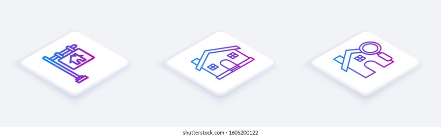 Set Isometric line Hanging sign with text Sale, House and Search house. White square button. Vector