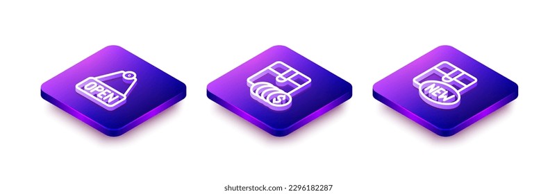 Set Isometric line Hanging sign with text Open, Item price tag dollar and New collection icon. Vector