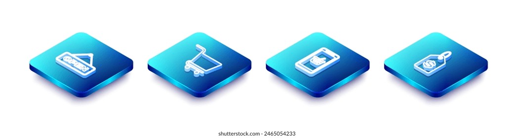 Conjunto de línea isométrica colgante con puerta abierta, Carrito de compras, móvil y cesta de la compra y Precio de la etiqueta de dólar icono. Vector