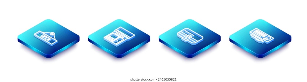 Set Isometric line Hanging sign with Open, Shopping building or market store, Credit card lock and Bank check and icon. Vector
