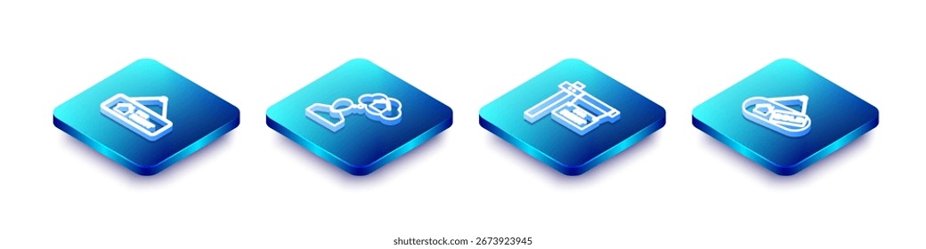 Conjunto de línea isométrica colgando signo con En alquiler, el hombre que sueña con la compra de la casa, y el icono vendido. Vector