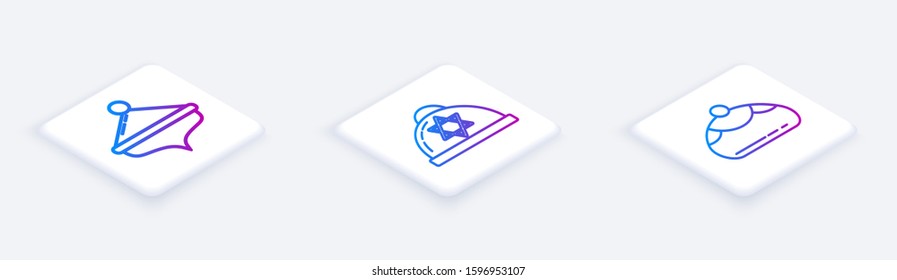 Set Isometric line Hanukkah dreidel, Jewish kippah with star of david and Jewish sweet bakery. White square button. Vector