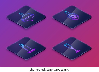 Set Isometric line Hanukkah dreidel, Burning candle in candlestick, Hanukkah dreidel and Jewish goblet. Blue square button. Vector