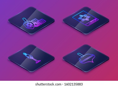 Set Isometric line Hanukkah dreidel and coin, Burning candle in candlestick, Jewish torah book and Hanukkah dreidel. Blue square button. Vector