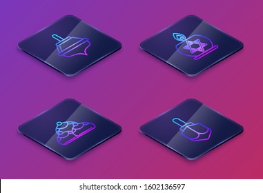 Set Isometric line Hanukkah dreidel, Jewish sweet bakery, Burning candle in candlestick with star of david and Hanukkah dreidel. Blue square button. Vector