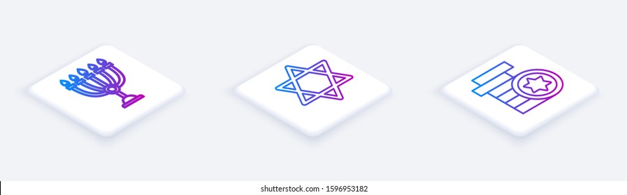 Set Isometric line Hanukkah menorah, Star of David and Jewish coin. White square button. Vector