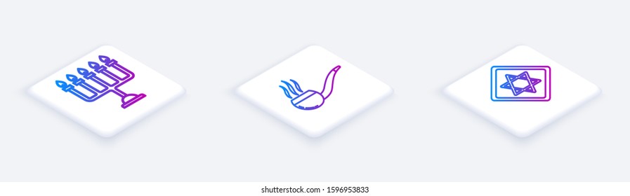 Set Isometric line Hanukkah menorah, Smoking pipe with smoke and Star of David. White square button. Vector