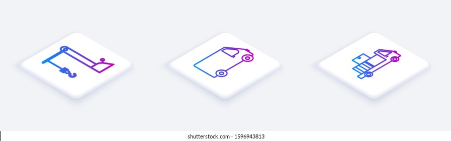 Set Isometric line Harbor port crane, Delivery cargo truck vehicle  and Delivery truck with cardboard boxes. White square button. Vector
