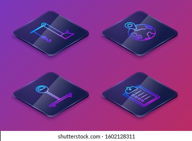 Set Isometric line Harbor port crane, Scale , Worldwide  and Verification of delivery list clipboard . Blue square button. Vector