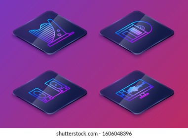 Set Isometric line Harp, Stereo speaker, Vinyl disk and Sound or audio recorder on monitor. Blue square button. Vector