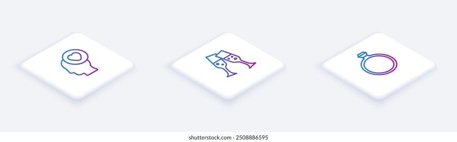 Set Isometric line Head with heart, Glass of champagne and Diamond engagement ring. White square button. Vector