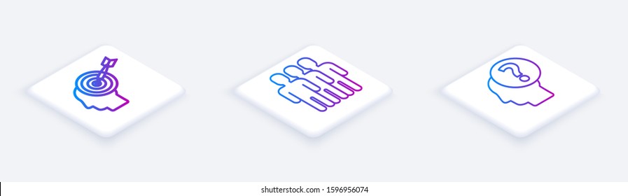 Set Isometric line Head hunting concept, Users group and Human head with question mark. White square button. Vector