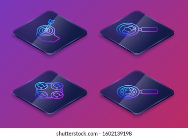 Set Isometric line Head hunting concept, Project team base, Magnifying glass for search a people and Magnifying glass and gear. Blue square button. Vector